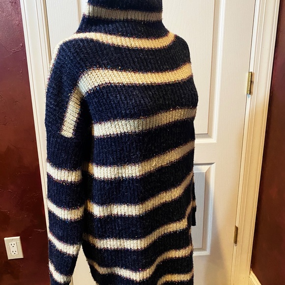 Loi Navy & White Stripped Turtleneck Sweater with Thread of Glitter - Picture 4 of 4